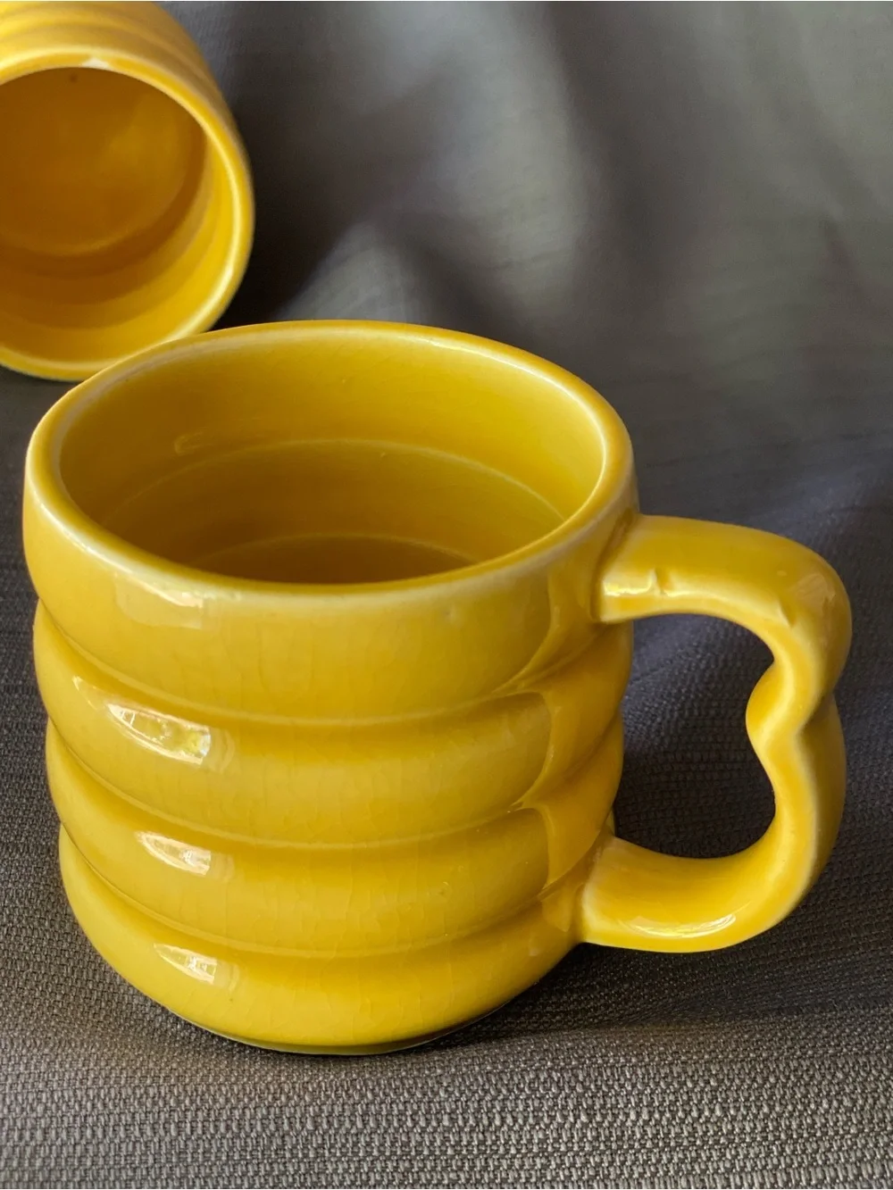 Vintage Yellow Ribbed Mugs Set of 4 Made in Japan Ceramic Heart Handle